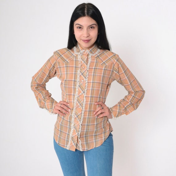 Plaid Lace Western Shirt 70s MetallicPearl Snap Shirt Button Up Rodeo Blouse Cowgirl Long Sleeve Orange Vintage 1970s Panhandle Slim Small S