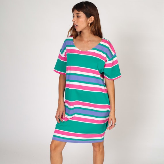 Vintage Striped Tshirt Dress 80s Midi Scoop Neck Summer Cotton Lounge Dress Casual Shift Pink Green Periwinkle Shift Pajama 1980s Large L