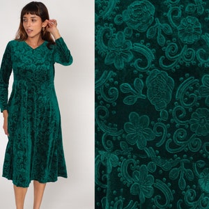 Floral Velvet Dress 90s Floral Mini Emerald Green Grunge Dress V Neck Party Dress Long Sleeve High Waist Minidress Vintage Medium Large