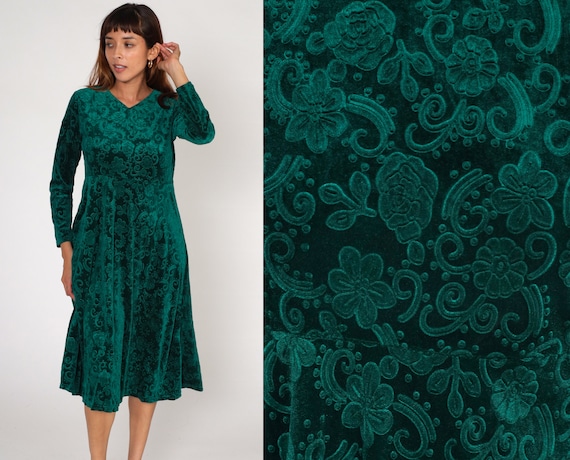Floral Velvet Dress 90s Floral Mini Emerald Green Grunge Dress V Neck Party Dress Long Sleeve High Waist Minidress Vintage Medium Large