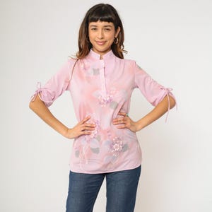 70s Floral Blouse Lavender Pink Boho Button Up Shirt Mandarin Collar Shirt Bohemian Tunic Top Retro Hippie 3/4 Sleeve Vintage 1970s Small S