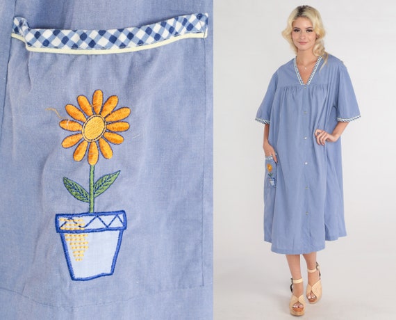 80s Lounge Dress Blue Pajama Dress Floral Embroid… - image 1