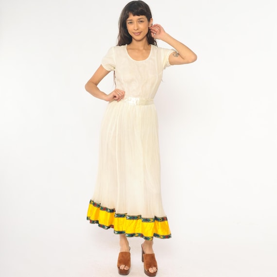 70s Bohemian Dress Cream Maxi Puff Sleeve Satin Belt Pleated Skirt Southwestern Trim Prairie Cottagecore Cotton Ivory Summer Extra Small XS