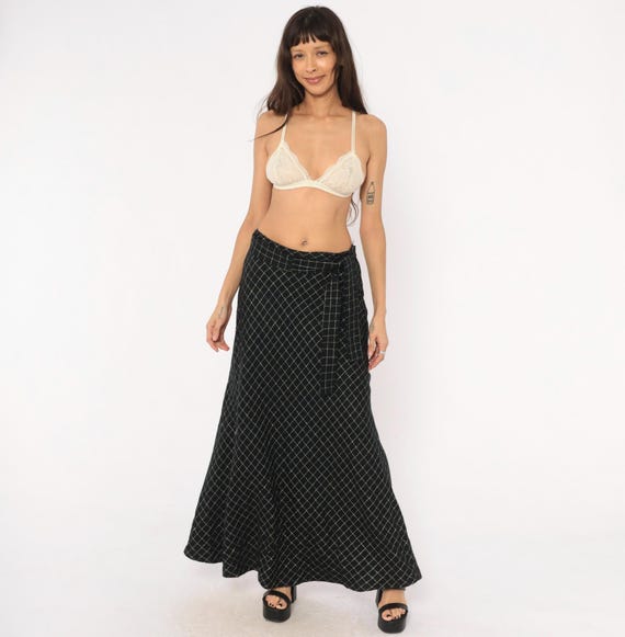70s Diamond Stitch Maxi Skirt Black Silver Metallic Thread Bias Cut  Tie Waist Quilted Pattern Whimsigoth Witchy Evening Vintage Medium M