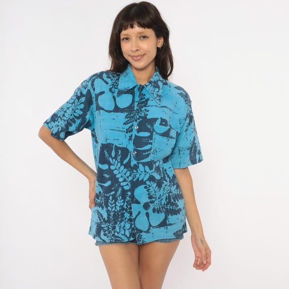 80s Hawaiian Shirt Blue Tropical Leaf Cotton Button Front Cobalt Botanical Fern Camp Collar Aloha Beach Summer Vacation Island Top Medium M