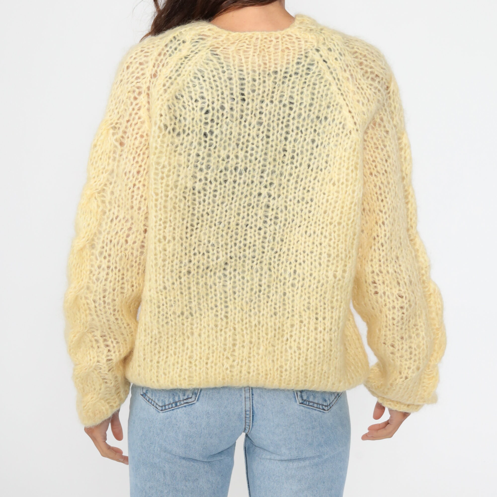 Yellow Mohair Sweater Sheer Slouchy 80s Cable Knit Open Weave Boho Pullover Pastel Knit 1980s 