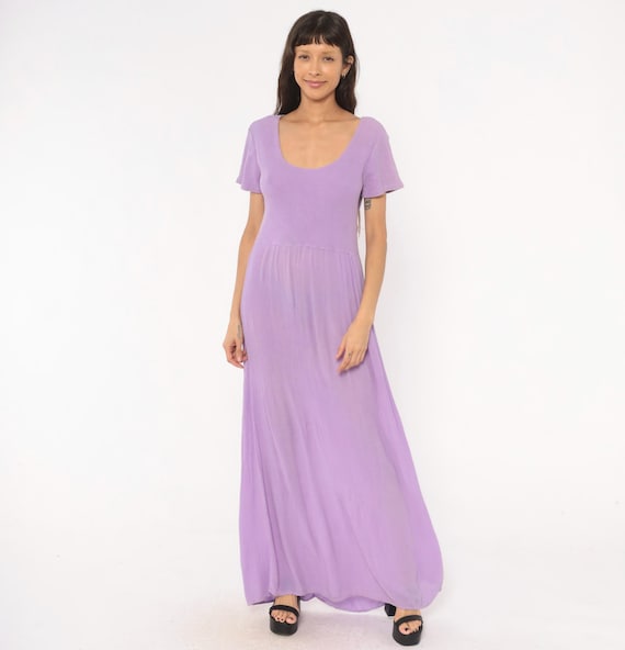 Lavender Waffle Knit Maxi Dress 90s Scoop Neck Flutter Sleeve Purple Lilac Violet Crinkle Skirt Prairie Cottagecore Summer Gown One Size OS