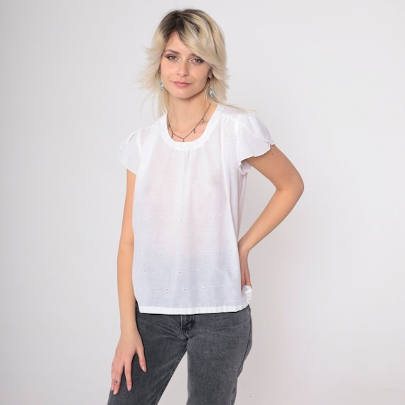 White Peasant Shirt 70s Eyelet Tulip Sleeve Blouse Boho Top Cottagecore Bohemian Hippie 1970s Vintage Shirt Boho Small S