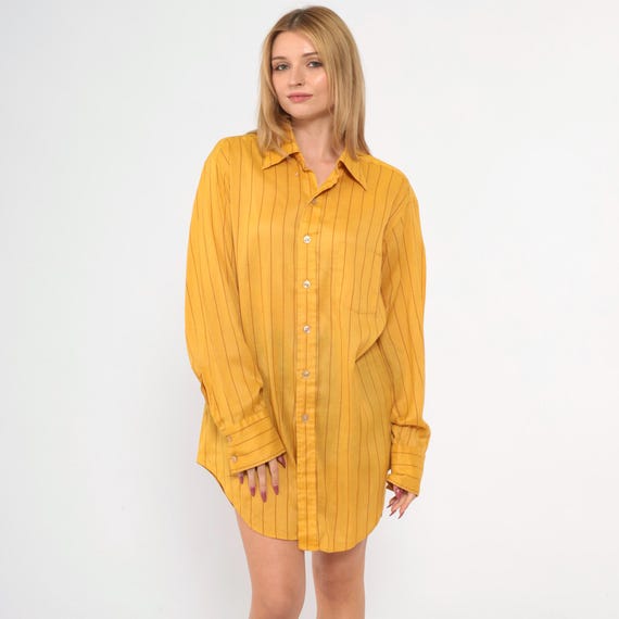 Vintage 70s Yellow Striped Shirt Men's Button up Shirt Retro Preppy Long Sleeve Dagger Collar Top Vertical Stripes 1970s King's Road Large L