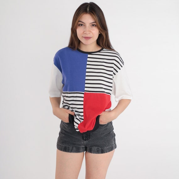 90s Shirt Striped T-Shirt White Black Red Blue Color Block Short Sleeve Banded Hem Top Retro Streetwear Casual Blouse Vintage 1990s Medium M