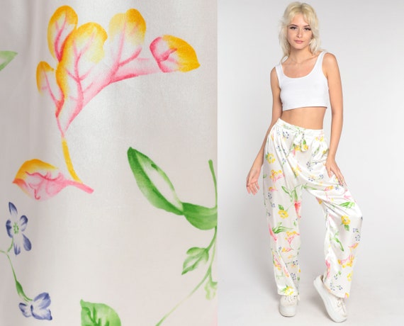 White Floral Pants 90s Satin Relaxed Pants High Waist Pants Lounge Casual Trousers Baggy Pants Drawstring Waist Vintage Medium