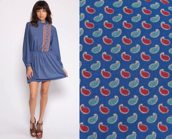 Boho Dress 70s Mini PAISLEY Print Dress Blue Red Bohemian Secretary High Waisted Button Up Long Sleeve Vintage 1970s Minidress Medium Large