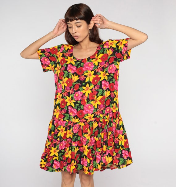 Bright Floral Dress 90s Tropical Flower Print Dre… - image 4