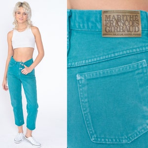 Teal Jeans 90s Ankle Jeans High Waisted Rise Slim Tapered Leg Denim Pants Retro Cropped Mom Jeans Blue Green Vintage 1990s Extra Small XS image 1