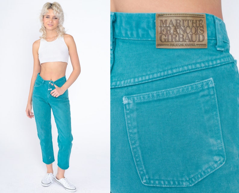 Teal Jeans 90s Ankle Jeans High Waisted Rise Slim Tapered Leg Denim Pants Retro Cropped Mom Jeans Blue Green Vintage 1990s Extra Small XS image 1