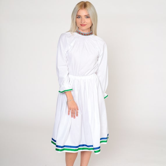 70s Prairie Dress White Folk Dress Midi Bohemian Peasant Floral Cottagecore Vintage Long Raglan Sleeve High Waisted 1970s Extra Small xs