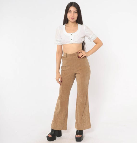 80s Faux Suede Flare Pants Tan High Waist Trousers Camel Bell Bottom Front Seam Bootcut Velvet Blend Taupe Women Lew Magram Vintage Small S