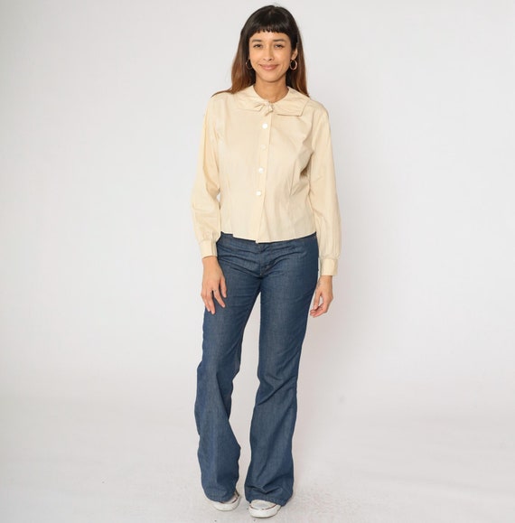 60s Bow Blouse Beige Button Up Shirt Shirt Vintage Long Sleeve Blouse Square Collar 1960s Mid Century Princess Seam Small