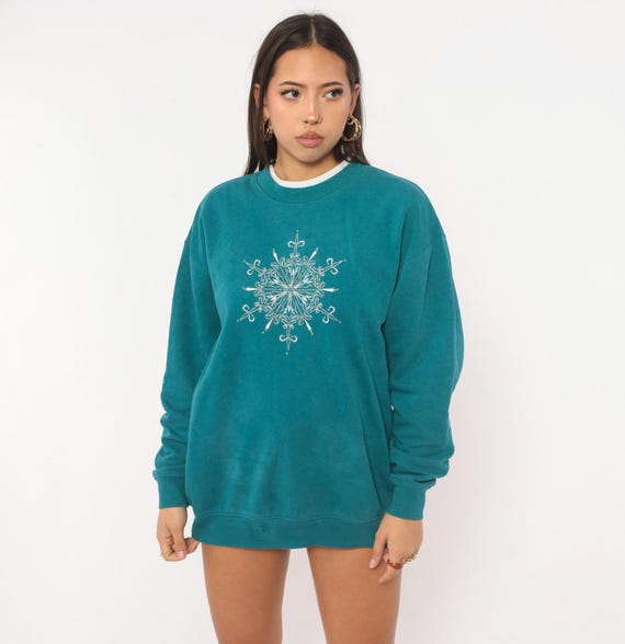 90s Snowflake Sweatshirt Teal Embroidered Pullover White Silver Beaded Winter Holiday Christmas Boxy Long Sleeve Vintage Sweater Top Large L