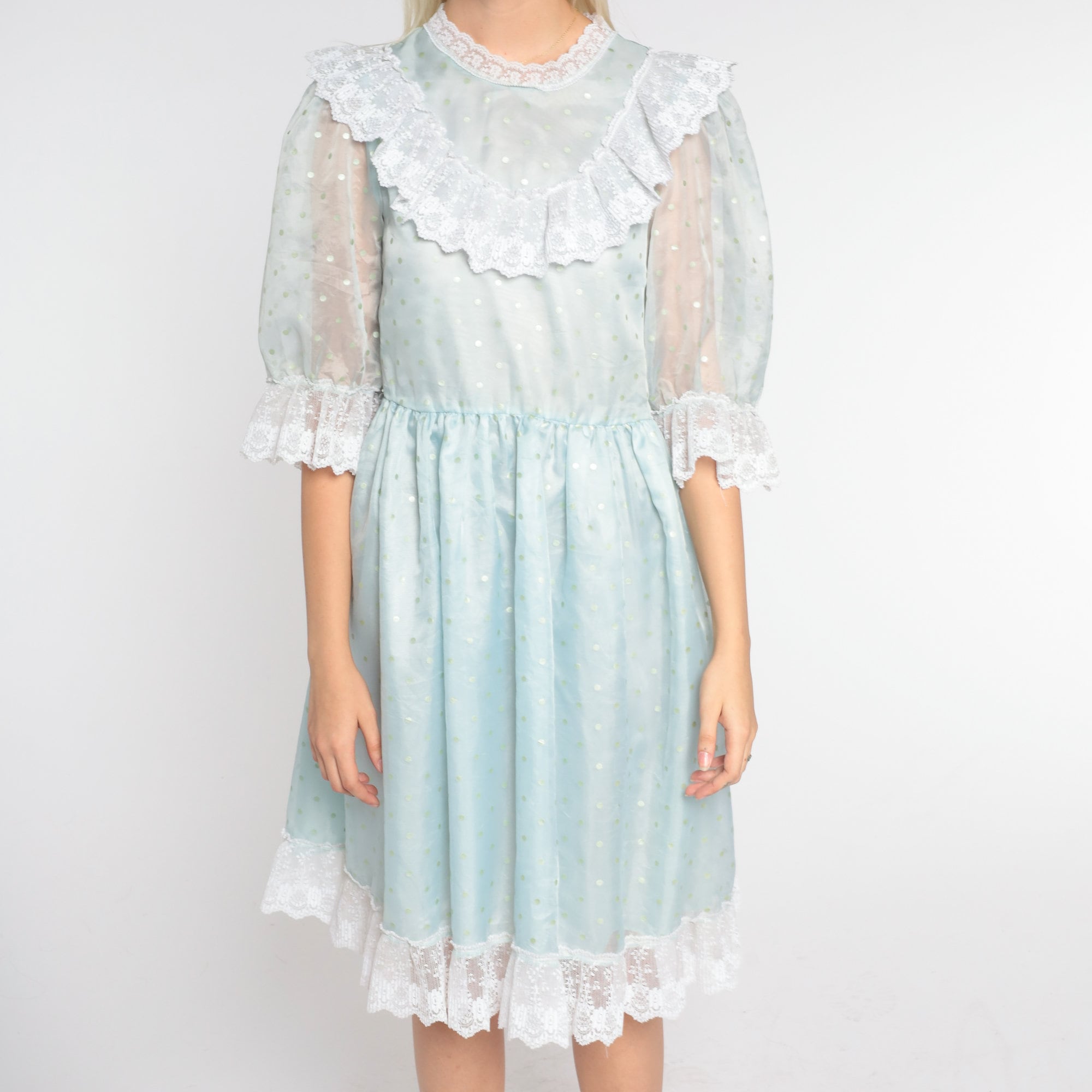 70s Party Dress Baby Blue Mini Dress Sheer Puff Sleeve Lace Ruffle