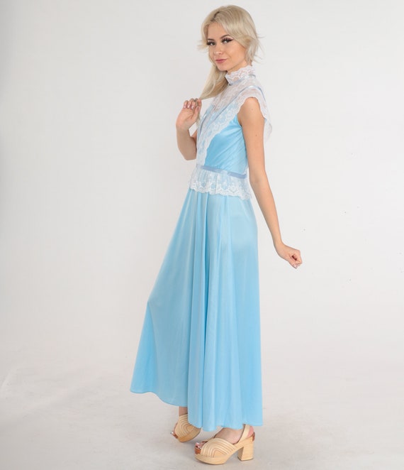 Vintage Blue Gown 70s Prom Dress White Lace Victo… - image 4