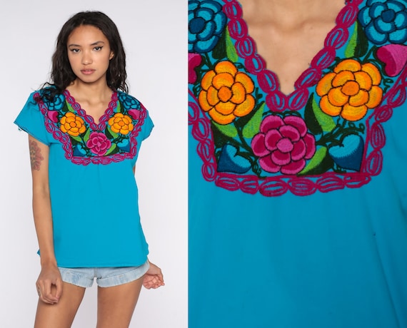 Mexican EMBROIDERED Blouse Turquoise Blue Floral Shirt Hippie Top Boho Shirt FESTIVAL Tunic Bohemian Vintage Retro Large