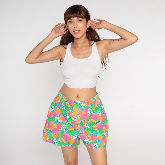 Fruit Print Shorts 80s Pear Citrus Orange Lemon Hot Pants Pink Green White Floral Summer Vintage Athletic Runner Festival Bright Large L