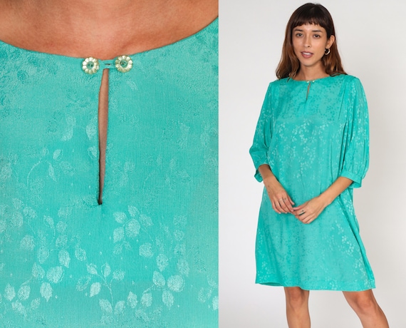 Green Mini Dress 80s Embossed Puff Sleeve Dress Floral Leaf Print Pleated Shift Retro Party Shiny Turquoise Vintage 1980s Extra Large xl