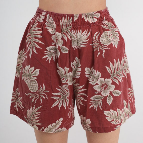 Hawaiian Floral Shorts 90s Beach Shorts Red Tropical Shorts Summer Surfer High Waisted Retro Vintage 1990s Elastic Small Medium