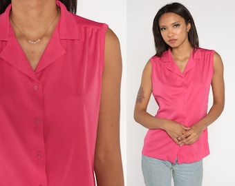 Bright Pink Tank Top 70s Blouse Collar Button up Shirt Sleeveless Collared Plain Simple Basic Retro Preppy Summer Vintage 1970s Medium Large