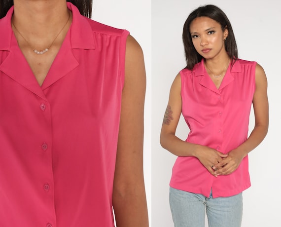 Bright Pink Tank Top 70s Blouse Collar Button up Shirt Sleeveless Collared Plain Simple Basic Retro Preppy Summer Vintage 1970s Medium Large