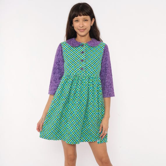 60s Plaid Babydoll Dress Purple Peter Pan Collar Green Blue Gingham Check Cotton Blend Button Front Mini Violet Vintage Extra Small XS
