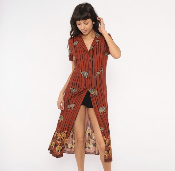 African Animal Print Shirt Dress 90s Rust Midi Terra Cotta Black Stripe Safari Zebra Collared Short Sleeve Vintage Orange Copper Small S