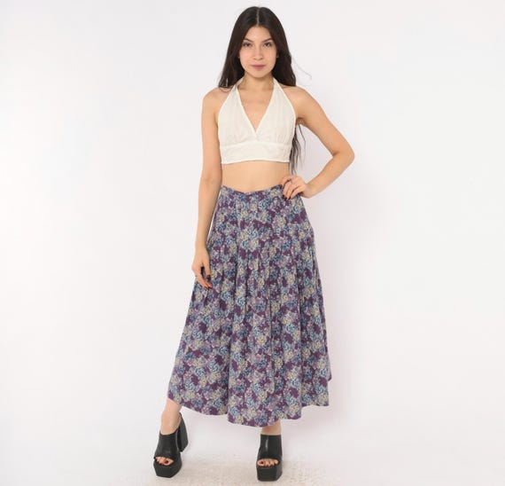80s Laura Ashley Purple Floral Pleated Skirt High Waist Cotton Wool Blue Rose Print Full Sweep Prairie Cottagecore Country Vintage Small S