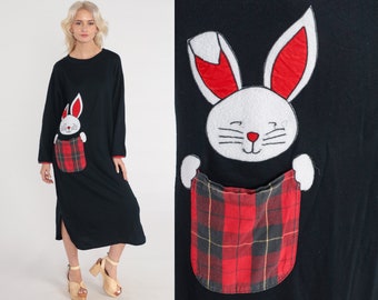 Bunny Pajama Dress 90s Rabbit Nightgown Animal Nightie Black Long sleeve Red Plaid Pocket Lounge Sleep Midi Vintage 1990s Small Medium Large