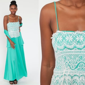Green Grecian Dress 1970s Maxi Party Lace Dress 70s Boho Goddess Prom Long Vintage Sleeveless Spaghetti Strap Extra Small xs