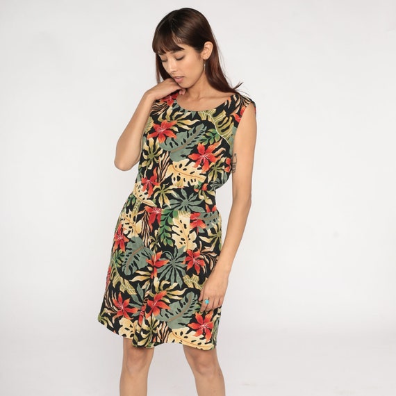 Tropical Mini Dress 90s Black Floral Leaf Print Hawaiian Sundress Retro Summer Sleeveless Keyhole Cutout Back Boho Vintage 1990s Large L 12