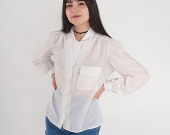 White Pleated Blouse 80s Secretary Top Long Puff Sleeve Collared Shirt Retro Semi-Sheer Button Up Chic Chest Pocket Vintage 1980s Medium M