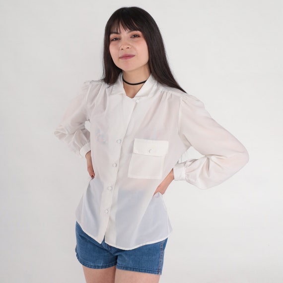 White Pleated Blouse 80s Secretary Top Long Puff Sleeve Collared Shirt Retro Semi-Sheer Button Up Chic Chest Pocket Vintage 1980s Medium M