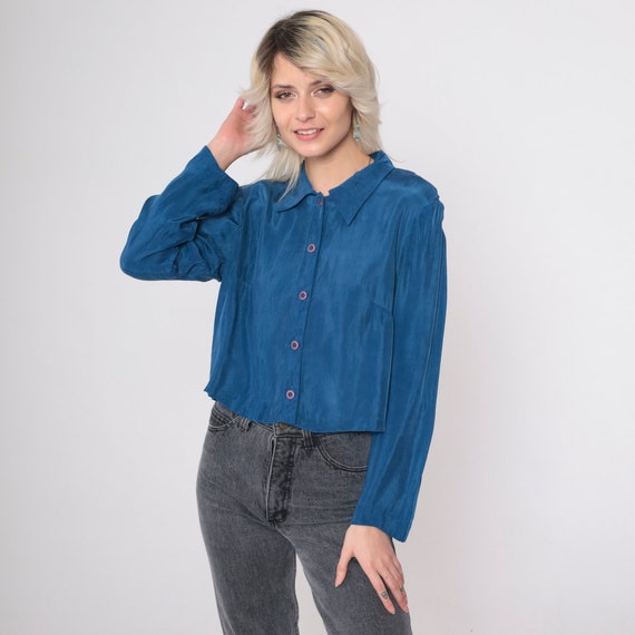 Blue Cropped Blouse 90s Silky Rayon Crop Top Liz … - image 4
