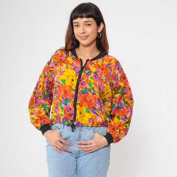 Vintage 90s Floral Bomber Jacket Bright Abstract Print Windbreaker Cropped Zip Up Lightweight Colorful Retro Spring Oversized Small Medium