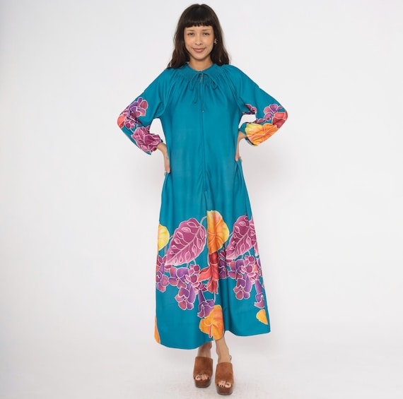Teal Floral Caftan 70s Tropical Leaf Maxi Dress Smocked Neckline Tie Front Purple Orange Botanical Print Zip Housecoat Loungewear Medium M
