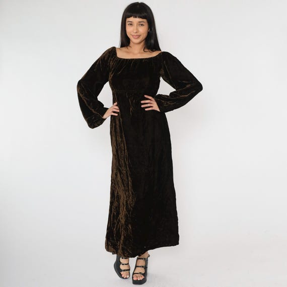 Vintage Brown Velvet Dress Y2K Long Wide Sleeve Maxi Cocktail Party Empire Waist Peasant Dress Boho Bohemian 00s Small S