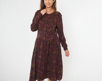 Vintage 90s Floral Shirtdress Abstract Print Dress Magenta Purple Button Up Long Sleeve Midi Dress Pockets Olive Green Rayon Large 11/12