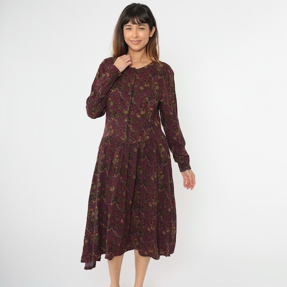 Vintage 90s Floral Shirtdress Abstract Print Dress Magenta Purple Button Up Long Sleeve Midi Dress Pockets Olive Green Rayon Large 11/12
