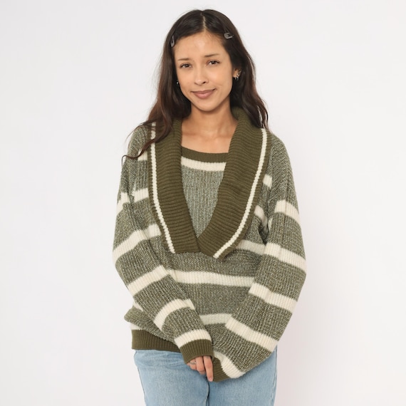 Olive Striped Shawl Collar Sweater V Neck Knit Pullover Green Cream Chunky Ribbed Trim Vintage 90s Earth Tone Forest Sage Striped Medium M
