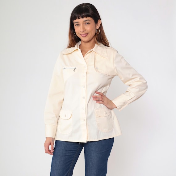Vintage 70s Cream Utility Shirt Long Sleeve Button Up Shacket Zip Pocket Jacket Style 1970s Workwear Overshirt Blouse Medium M