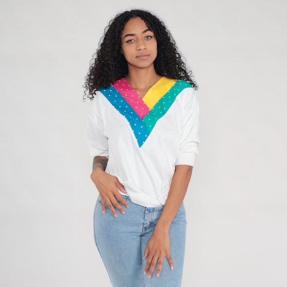 Slouchy Striped Top 80s Color Block Shirt V Neck Polka Dot Blouse White Yellow Pink Green Retro Shirt Short Sleeve 1980s Vintage Medium