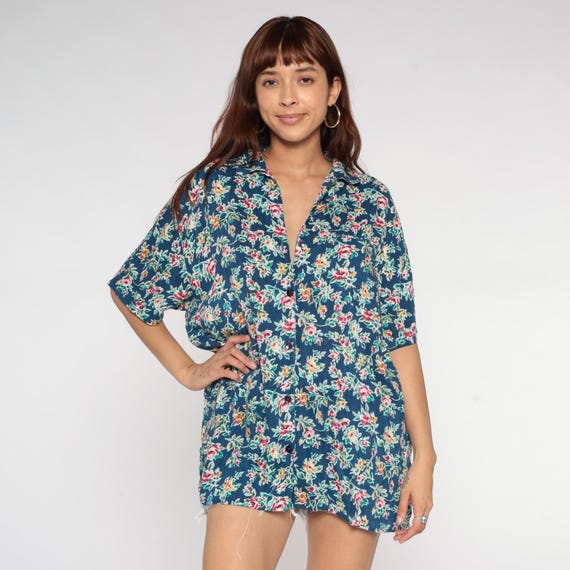Floral Button Up Shirt 90s Navy Blue Pink Yellow Green Ditsy Rose Print Collared Short Sleeve Vintage Relaxed Fit Minimalist Blouse Large L