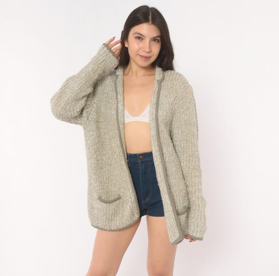 70s Bouclé Cardigan Grey Open Front Patch Pocket Knit Sweater Neutral Taupe Ribbed Texture Cozy Grandpa Style Vintage Large L